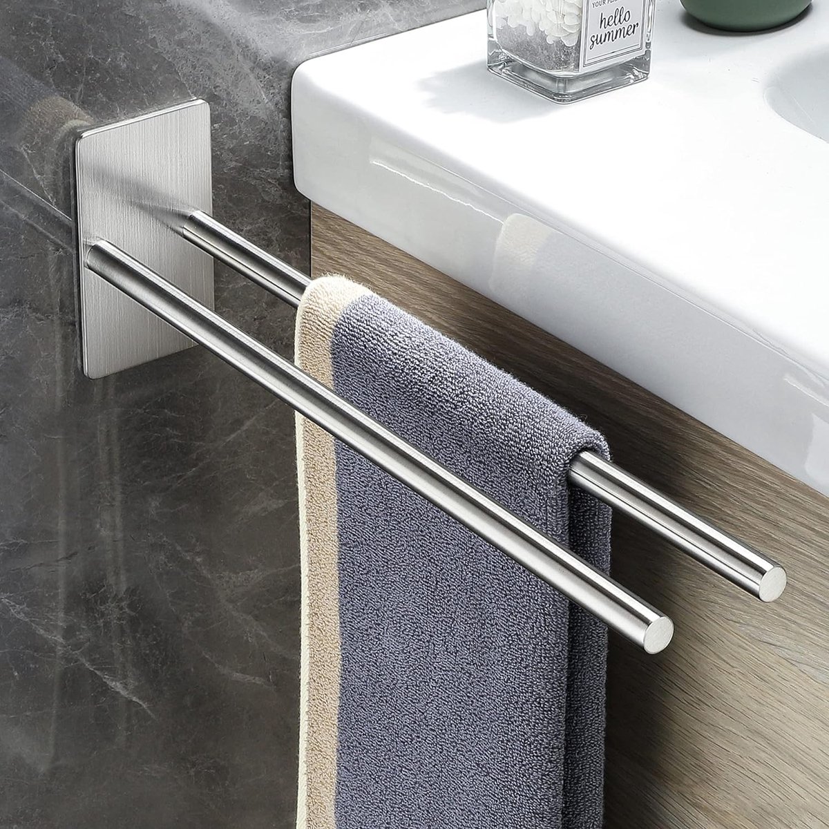 Towel Rail Double Arm 304 Stainless Steel Towel Rail Self-Adhesive Towel Rail Double No Drilling Bath Towel Holder for Bathroom Kitchen Wall Silver 38 cm