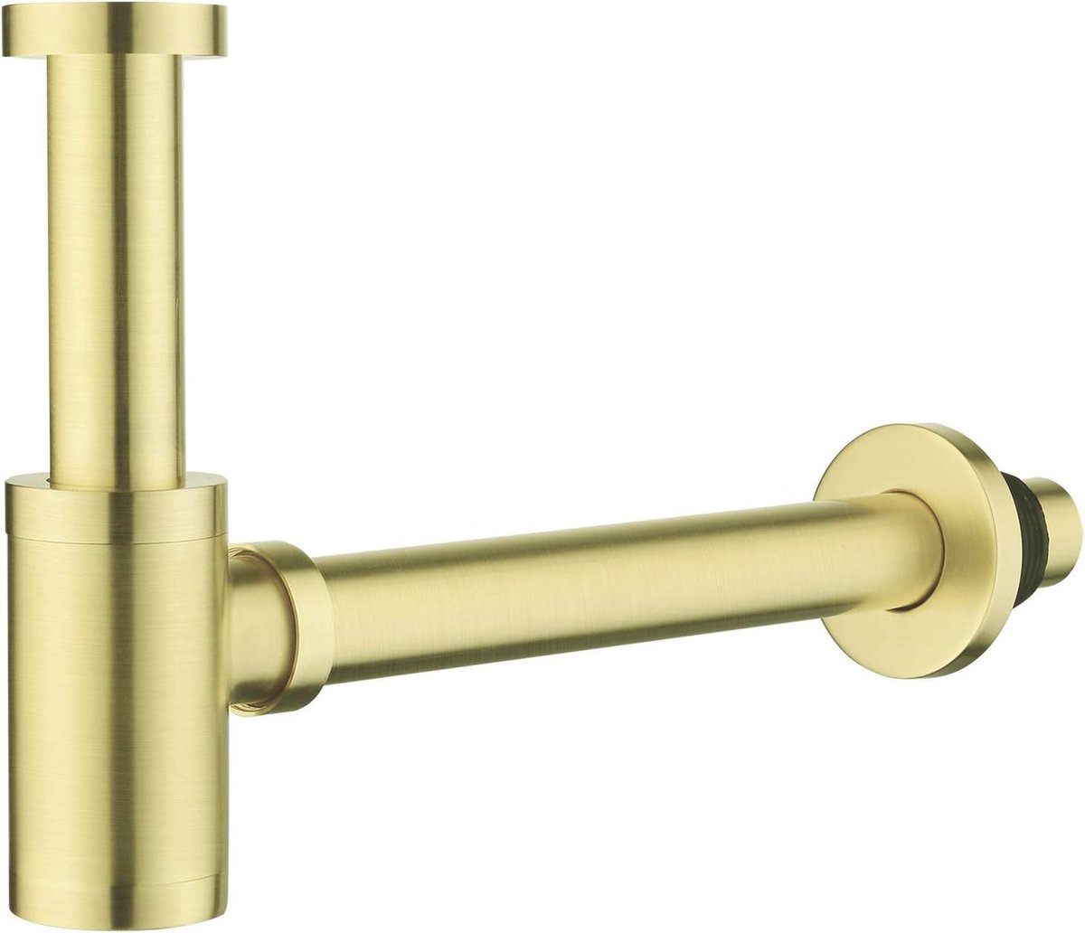 Messing design sifon, Keymark universele designsifon voor wastafel & wastafel, badkamer afvoergarnituur passend flessensifon 1 1/4 x 32 mm, ronde geursluiting, geborsteld, goud