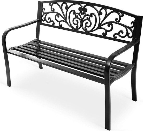 GOPLUS Tuinbank van metaal, voor 2 - 3 personen, outdoor, parkeerbank, antiek, terrasbank met rugleuning en armleuning, zitbank, tuin, balkon, terrassen (zwart, 280 kg draagkracht