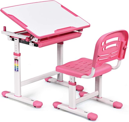 kindertafel met stoel, kinderbureau in hoogte verstelbaar, schoolbureau met kleurkeuze, kindermeubel kantelbaar, schrijftafel kinderen (roze)