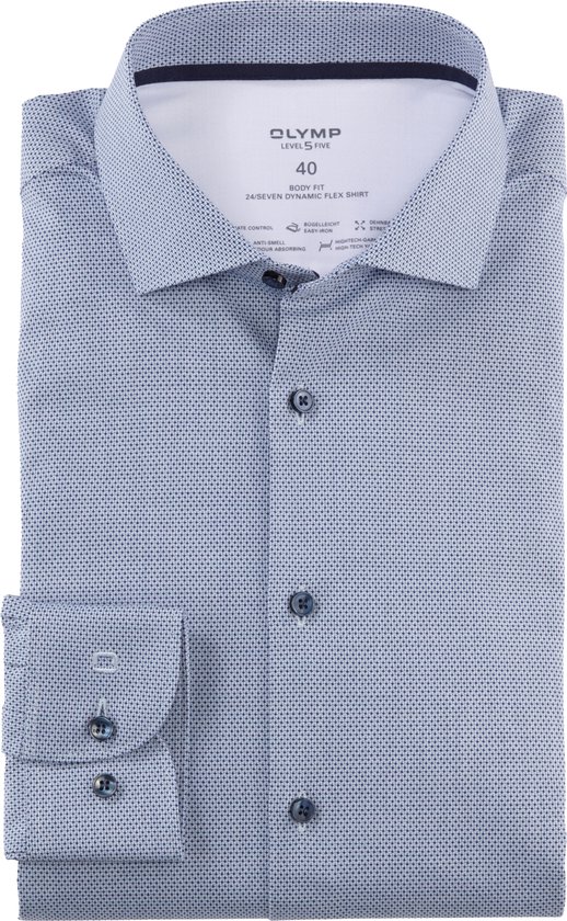 OLYMP 24/7 Level 5 body fit overhemd - tricot - bleu dessin - Strijkvriendelijk - Boordmaat: 42