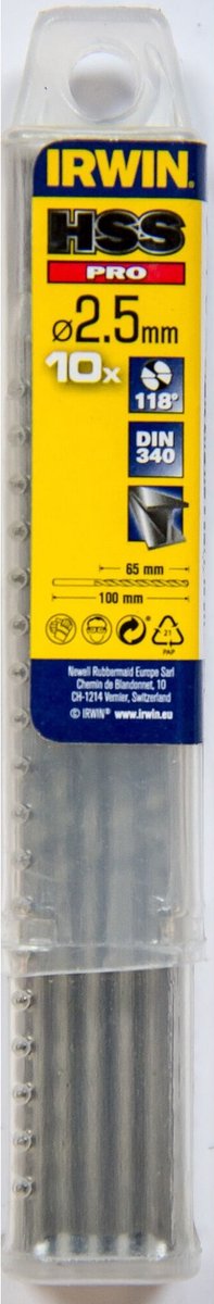 Irwin HSS Long Pro - Metalen Boor - 2,5mm - 100mm - Set van 10