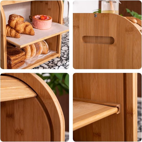 Boîte à pain en Bamboo pour comptoir de Kitchen : 2 couches de stockage de pain de grande capacité, style ferme rustique, porte coulissante Flexible , DIY