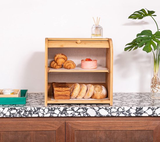 Boîte à pain en Bamboo pour comptoir de Kitchen : 2 couches de stockage de pain de grande capacité, style ferme rustique, porte coulissante Flexible , DIY
