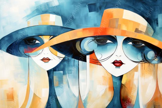 JJ-Art (Glas) 120x80 | 2 Vrouwen met hoed en bril in abstract modern surrealisme, kunst | mens, vrouw, oranje, rood, blauw, wit | Foto-schilderij-glasschilderij-acrylglas-acrylaat-wanddecoratie