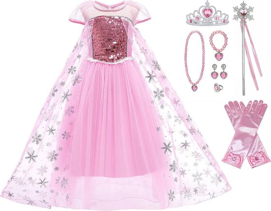 Prinsessenjurk meisje - Elsa jurk -Prinsessen speelgoed - Het Betere Merk - maat 146/152 (150) - Tiara - Kroon - Juwelen - Handschoenen - Toverstaf - Verkleedkleren Meisje - Prinsessen Verkleedkleding - Carnavalskleding Kinderen - Roze