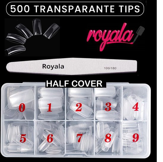 Royala Half Cover Tips + Nagelvijl - Transparante NagelTips 500 stuks - Kunstnagel Set - Nepnagel Tips - Transparant - Plaknagels - Nepnagels- Acryl en Gel in tipbox
