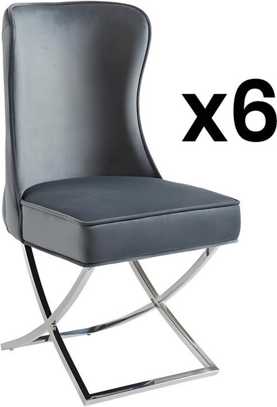 PASCAL MORABITO Set van 6 stoelen van velours en roestvrij staal - Grijs en chroomkleurige poten - MARELANO - van Pascal Morabito L 53.5 cm x H 101 cm x D 64.5 cm