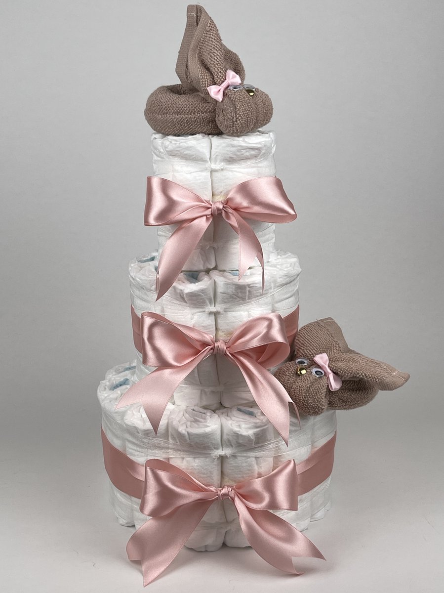Chouette-Chouette | Luiertaart Meisje | Kraamcadeau | Geboorte Meisje | Babyshower | Konijnen Pinkstone - donker Poeder Roze