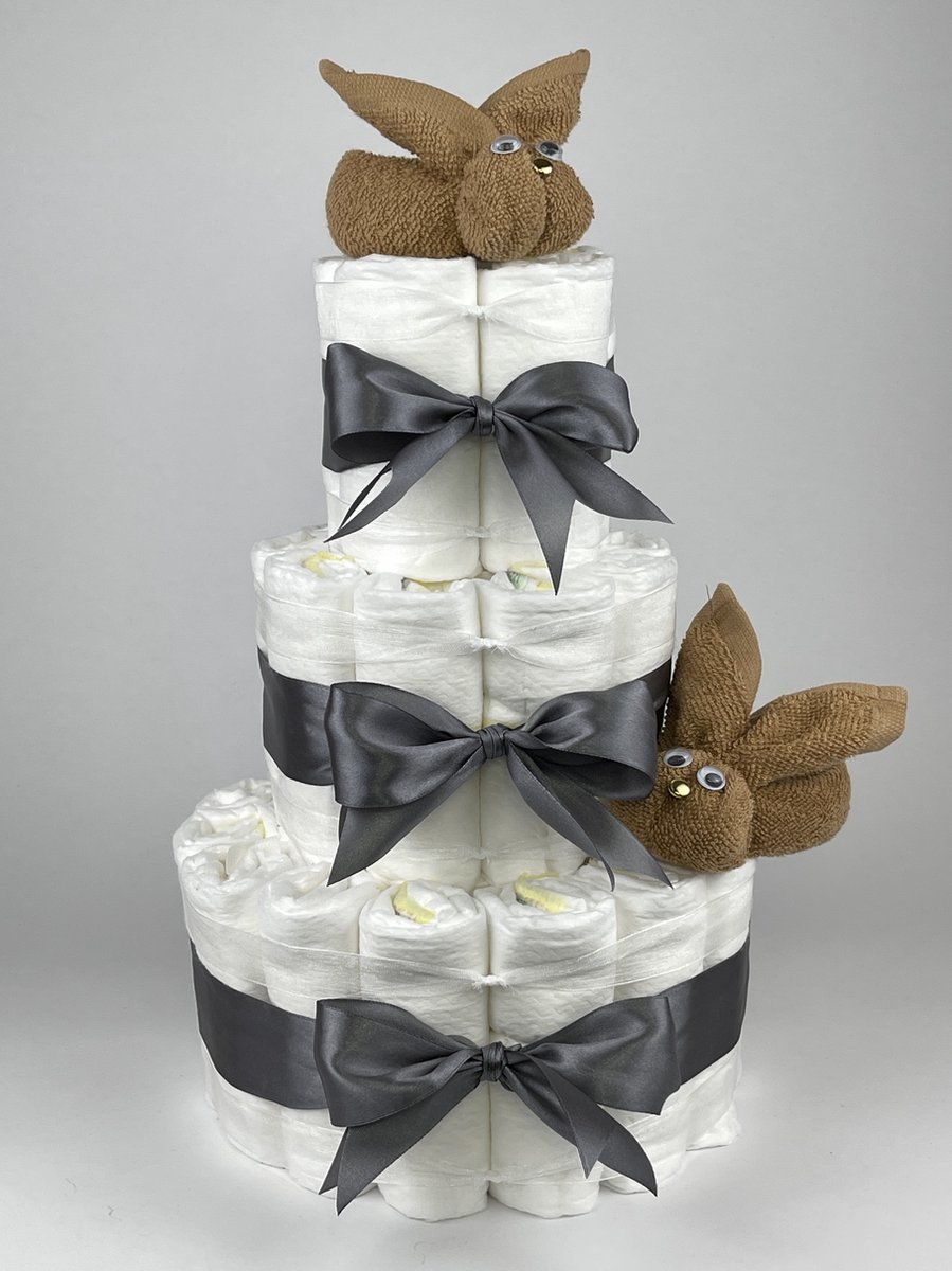 Goedkoopste Chouette-Chouette | Luiertaart Neutraal | Kraamcadeau | Geboorte Jongen Meisje | Babyshower | Konijnen Sand - donker Grijs