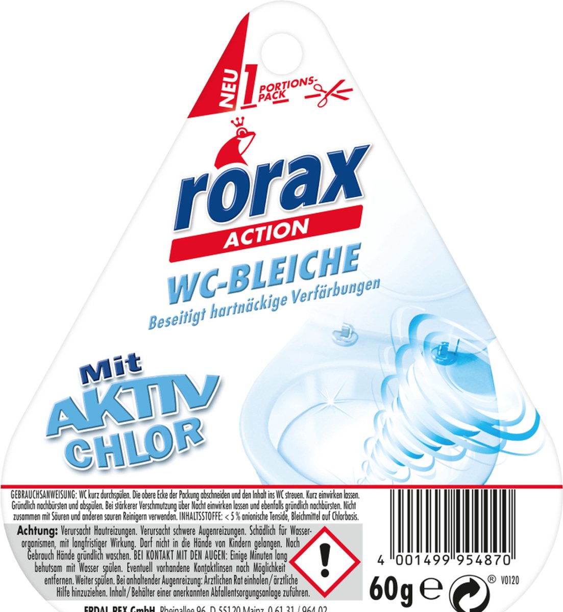 Goedkoopste Rorax WC-bleekmiddel - 60gr - Voor hardnekkige verkleuring - Toiletreiniger - Met werkend chloor - 1 portiepak
