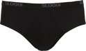 Zwarte Sloggi midi slip met herhaaldelijk het logo 'SLOGGI' op de elastische band.