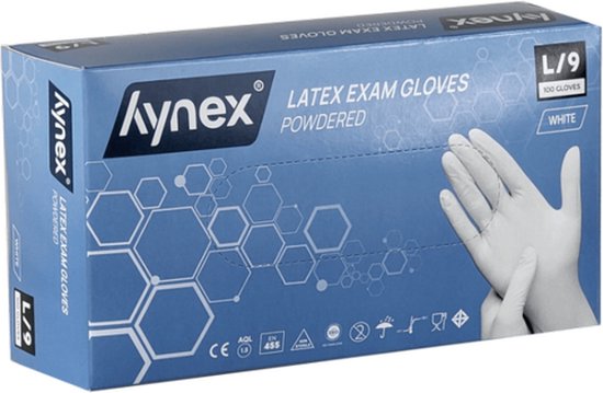Doos met Hynex Latex Wegwerphandschoenen, wit, maat L/9, 100 stuks, gepoederd.