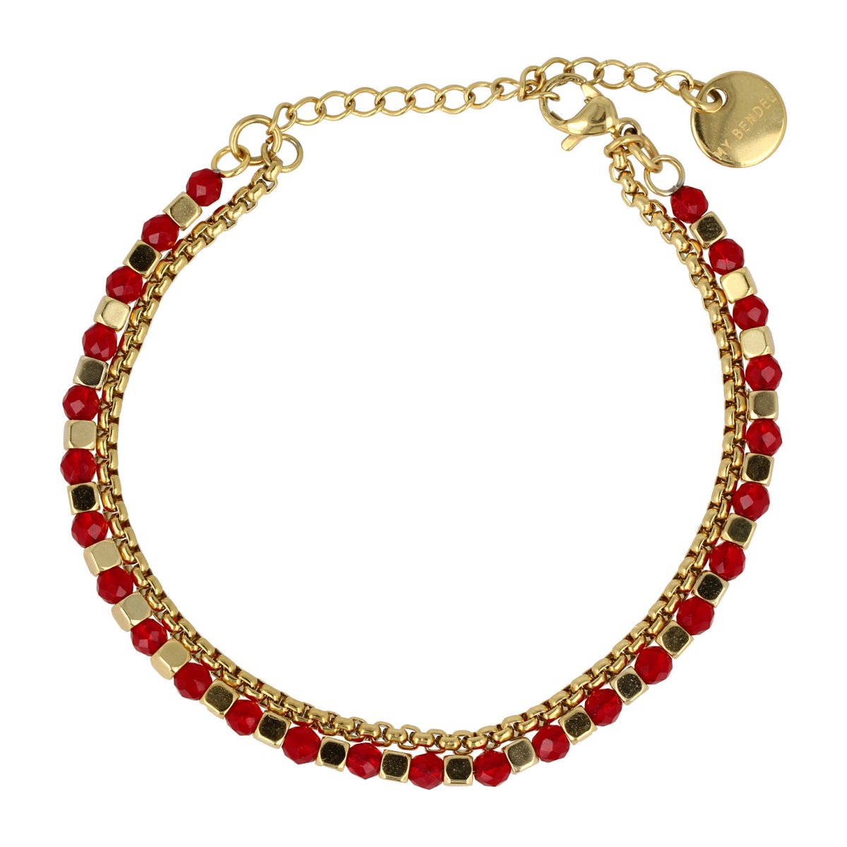 My Bendel - Gouden dubbele armband met rode glasstenen - Gouden dubbele armband met rode glasstenen en schakels - Met luxe cadeauverpakking