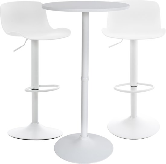 CLP Medora Ensemble de table de bar - Table de bar ronde - 2x Tabourets de bar avec siège en plastique - blanc