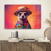 MuchoWow® Glasschilderij 60x40 cm - Schilderij acrylglas - Meerkat - Bloemen - Hoed - Dieren - Portret - Stokstaartje - Foto op glas - Schilderijen