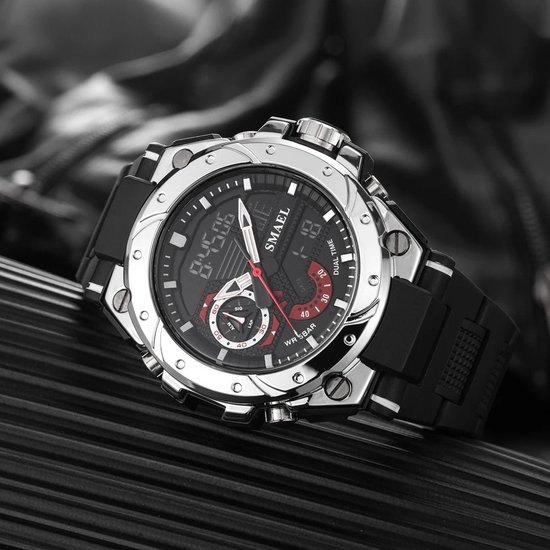 Shockbestendig Heren Horloge Zwart Zilver Dual time | Smael | 8060-Z