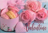 Happy Valentine! Een bijzondere kaart met roze rozen, een lief hartje en lekkere zoete koekjes! Een prachtige wenskaart om zo te geven of om bij een cadeau te voegen. Een dubbele wenskaart inclusief envelop en in folie verpakt.