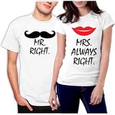 PicOnTshirt - Teetalks Series - T-Shirt Dames - T-Shirt Heren - T-Shirt Met Print - Couple T-Shirt Met 'Mr. Right & Mrs. Always Right' Print - 2 Pack - Wit - Heren XXL/Dames XL