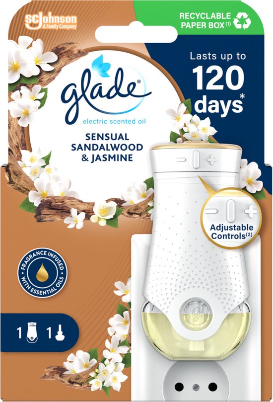 Glade elektrische oliehouder in de kleur wit, met 'Sensual Sandalwood & Jasmine' geur en verstelbare regelaars.