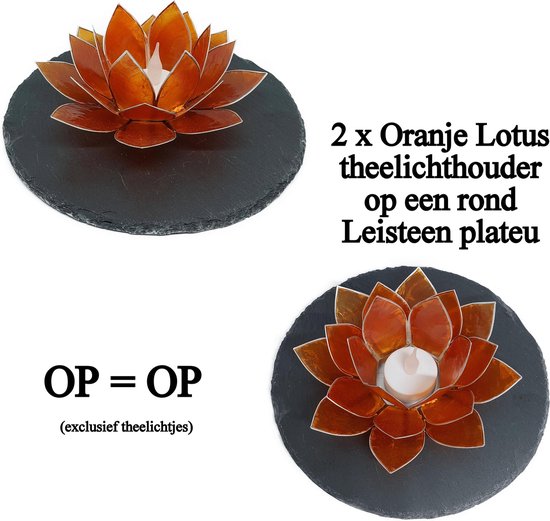 Lotus oranje theelichthouder 2 stuks op (2x) rond leisteen plateau