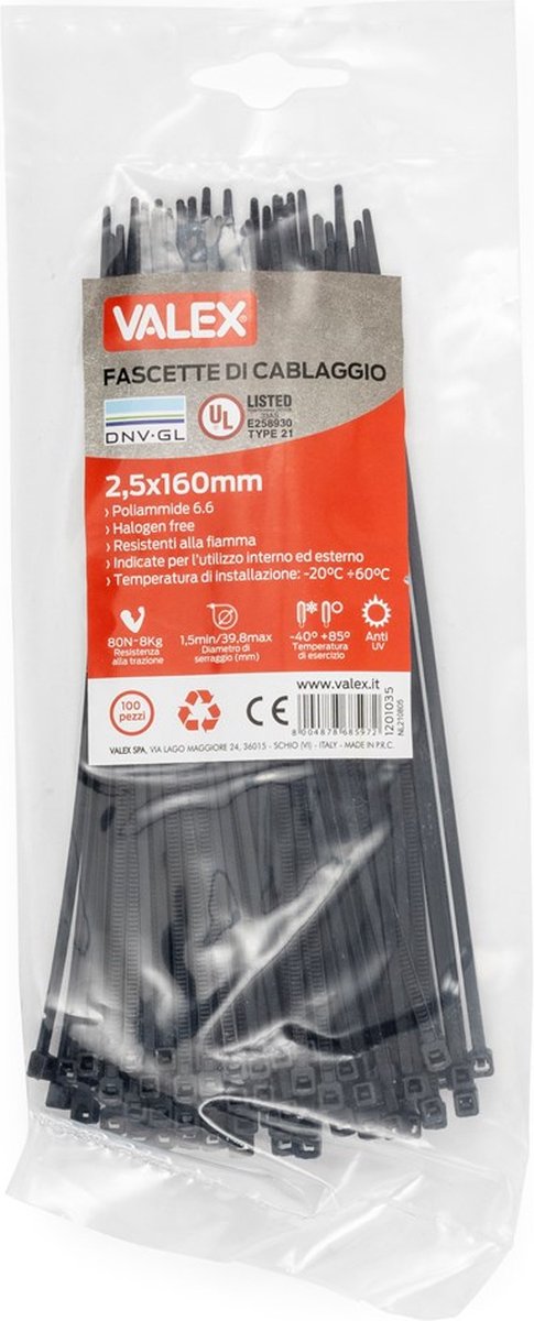 Valex - Zwarte kabelbinders / Tie wraps 2,5x160mm 100 stuks - 1201035