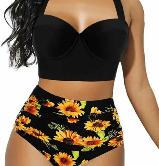 Push up bikini set Black Flowers - Hoge taille - Sexy look - Zwemkleding vrouwen - Bloemenprint - Zeer goede kwaliteit - Rood - oranje - Blauw