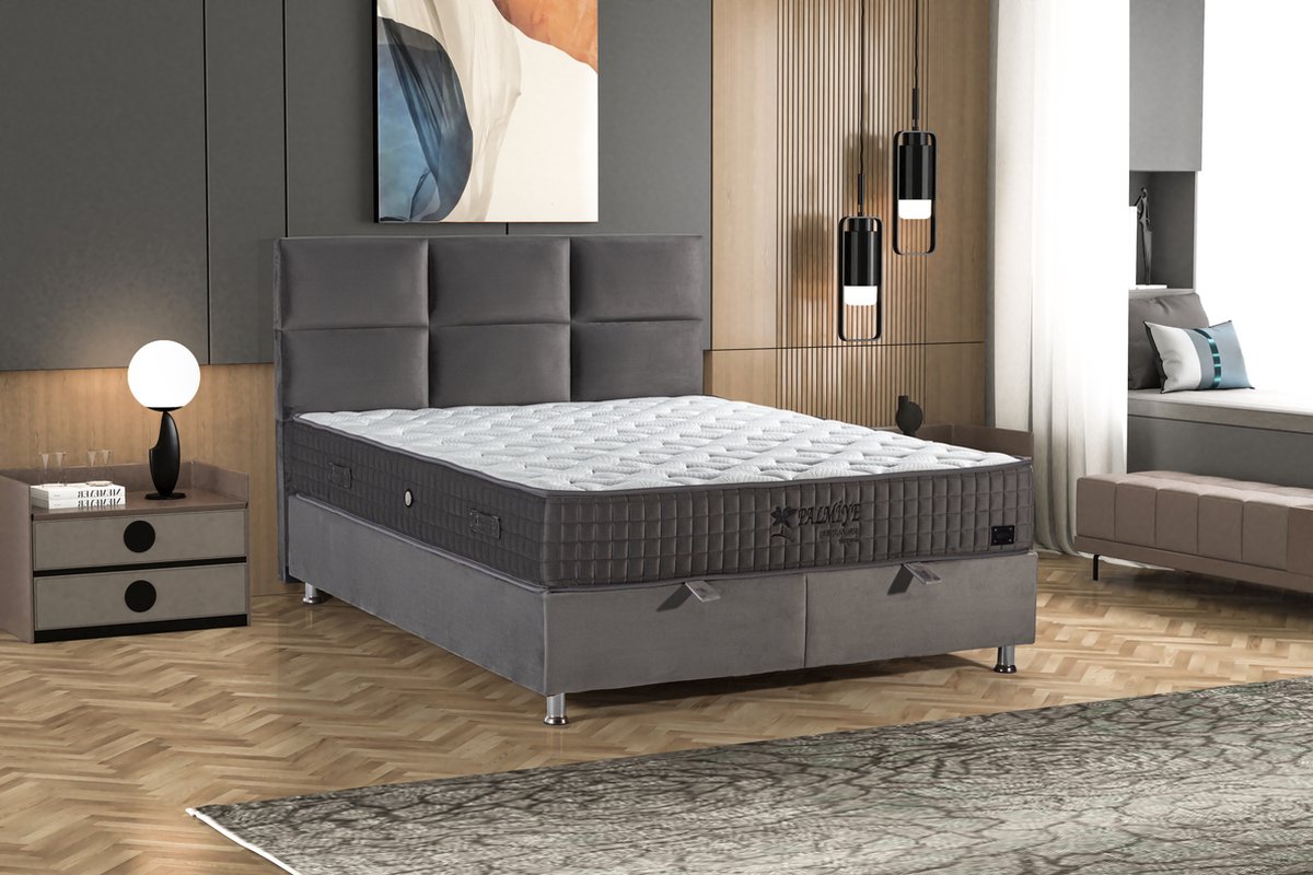 Compleet boxspring met opbergruimte Palmi - velvet grijs - 180x200cm