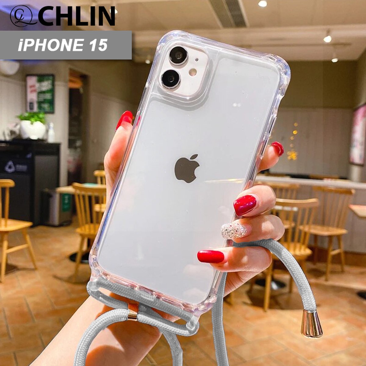 CL CHLIN® - iPhone 15 transparant hoesje met GRIJS koord - Hoesje met koord IPhone 15 - iPhone 15 case - iPhone 15 hoes - iphone hoesje met cord - iPhone 15 bescherming - iPhone 15 protector