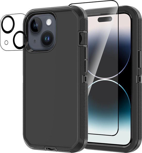 Foto: Heavy duty iphone 15 case met screen protector en lens protector zwart dustproof shockproof telefoonhoes cover bestaande uit 3 lagen inclusief schermbeschermer en lensbeschermer geschikt voor apple iphone 15