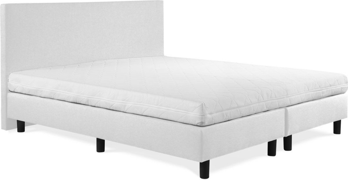 Boxspring Sofia luxe lederlook wit 140x200 incl. wit matras, hoofdbord glad uitgevoerd.