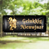 Spandoek Gelukkig nieuwjaar - Goud met zwart - 200 x 75 cm - Oud en Nieuw versiering - nieuwjaar - feestartikelen - decoratie - slinger