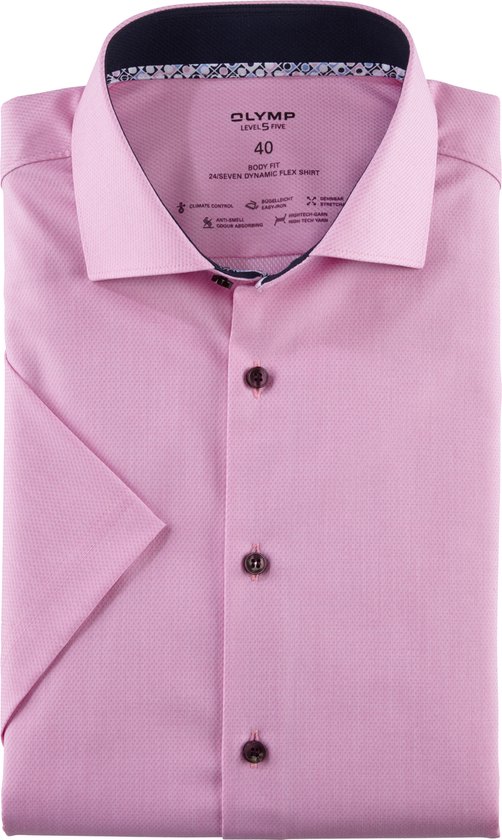 OLYMP 24/7 Level 5 body fit overhemd - korte mouw - Dynamic Flex - pink - Strijkvriendelijk - Boordmaat: 38