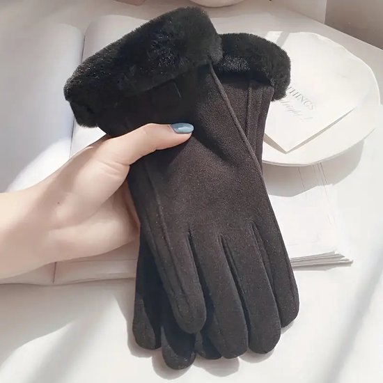 1 Paar Warme Pluche Suède Handschoenen - Stijlvol - Winddichte Dames Winterhandschoenen - One size - Met Touchscreen -Kerstcadeau - Kleur Zwart