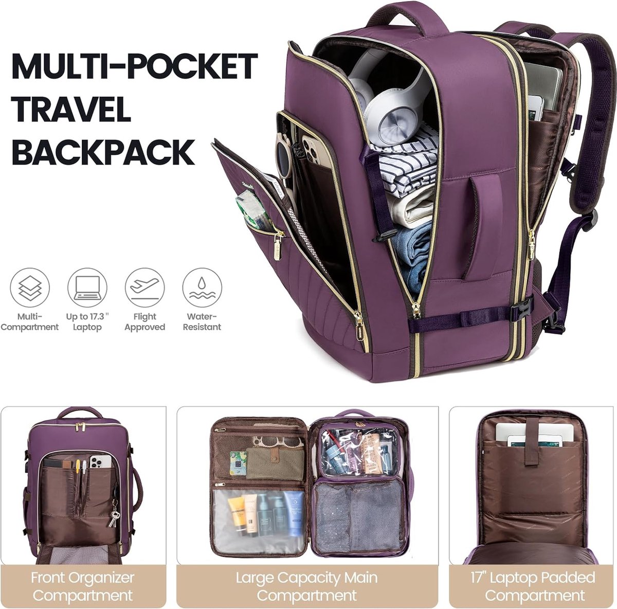 Reisrugzak voor dames, handbagage, rugzak, vliegtuig, uitbreidbare reisrugzak met... bol