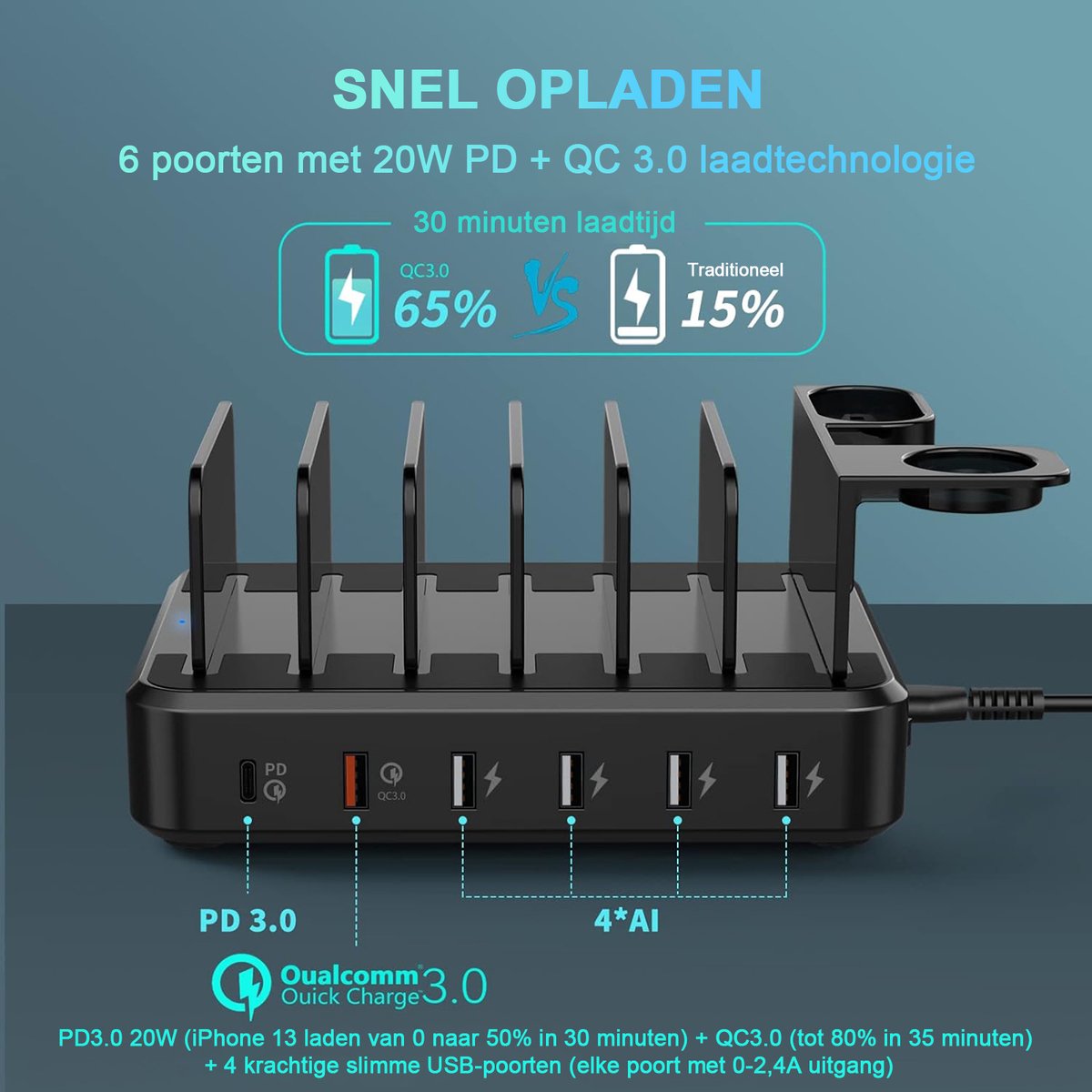 Oplaadstation voor telefoons en tablets, voor huis en kantoor, 8 uitgangen