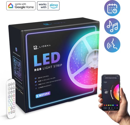 Lideka® Slimme LED Strip 5M - Hoogste Helderheid - Eenvoudige Installatie - Muziekoptie - 16 Miljoen Kleuren - 2 Jaar Garantie - Compatibel met Google en Alexa - Moederdag cadeautje