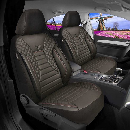 Autostoelhoezen volledige set voor Hyundai i10 i-10 / i10 N Line 2000 2021 2022 2023 2024, lederen kussenbeschermers voor en achter, waterdicht, antislip interieuraccessoires,B/9pcs Set Red