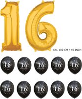 16 jaar leeftijd pakket. Mega grote XXL folie ballon 102cm cijfer 16 en 10 verjaardag feest ballonnen met opdruk 16.