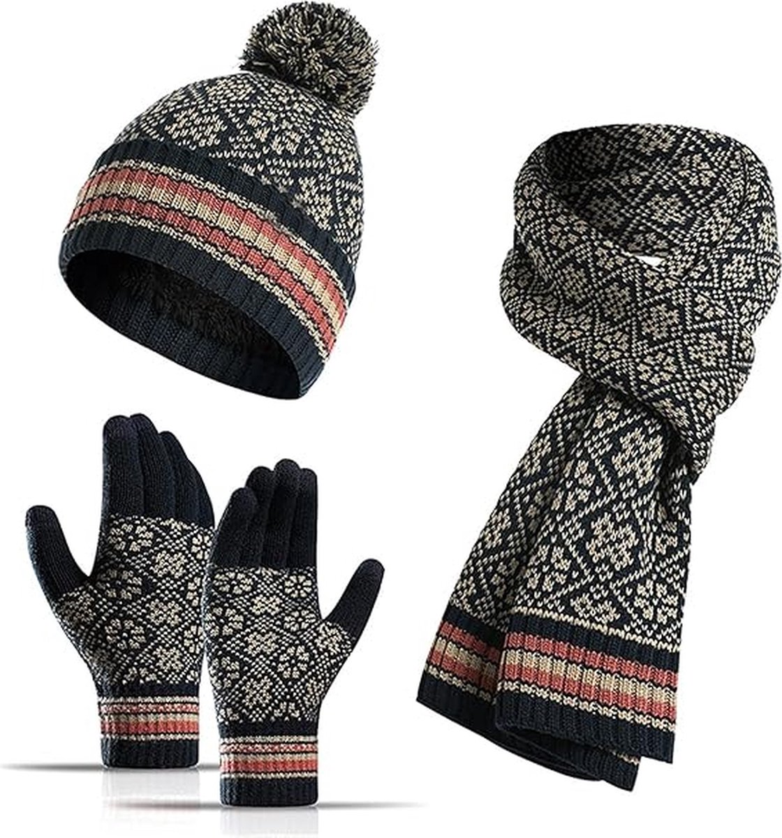 SHOP YOLO- Muts Heren -Winter Muts Sjaal -Touchscreen Handschoenen Set 3 Stuks Zachte Warme Gebreide Beanie