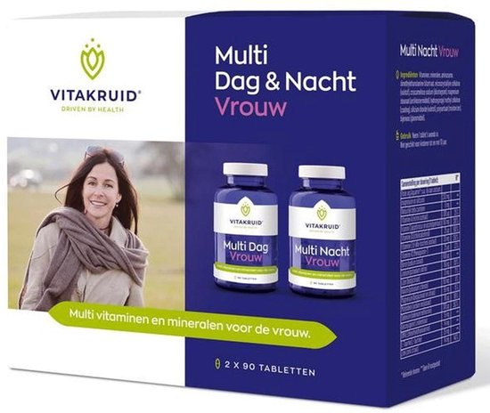 Vitakruid Multi Dag & Nacht Vrouw verpakking met op de voorkant een lachende vrouw en twee potjes supplementen.