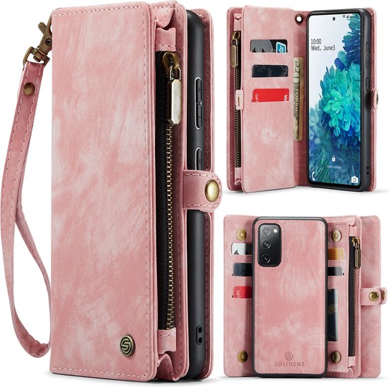 Foto: Geschikt voor samsung galaxy s20 fe hoesje solidenz wallet case s20 fe telefoonhoesje s20 fe s20 fe case met pasjeshouder met ritsvak met polskoord portemonee hoes roze