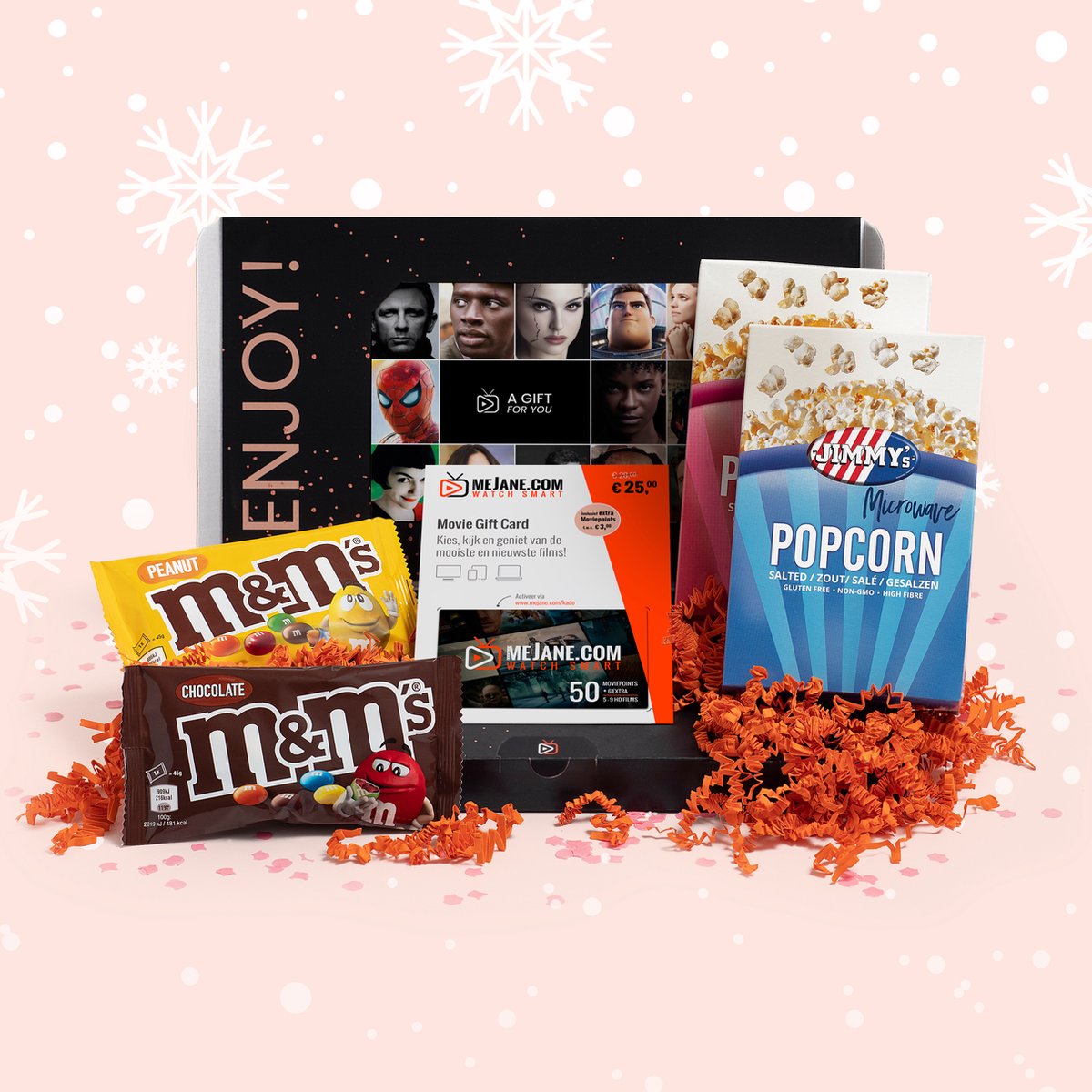 Filmpakket - filmbox cadeau met Jimmy's popcorn, M&Ms, filmtegoed voor 5-9 topfilms met evt. een persoonlijk bericht - Thuis bioscoop pakket - meJane.com