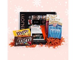 Filmpakket - filmbox cadeau met Jimmy's popcorn, M&Ms, filmtegoed voor 5-9 topfilms met evt. een persoonlijk bericht - Thuis bioscoop pakket - meJane.com