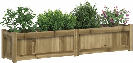 Deux jardinières en bois reliées remplies de plantes vertes et de fleurs.