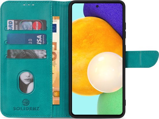 Étui portefeuille Solidenz turquoise avec fentes pour cartes, fenêtre d'identification et fermeture magnétique.