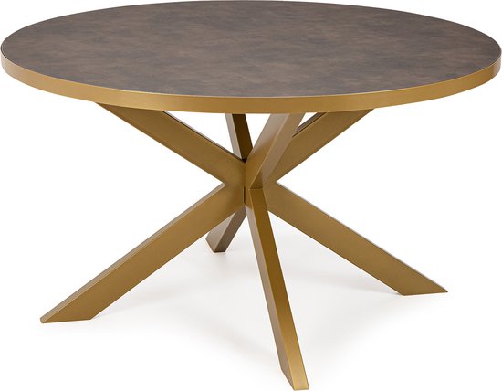 Stalux Ronde eettafel 'Daan' 135cm, kleur goud / lederlook bruin