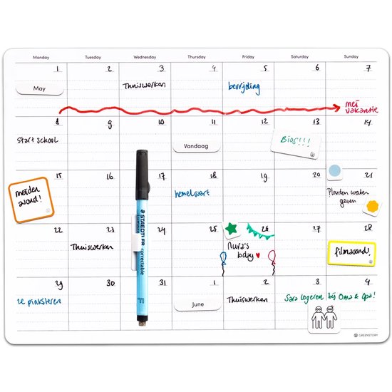 GreenStory - Maandplanner Whiteboard - Sticky Whiteboard - Medium - met Sticky Pen