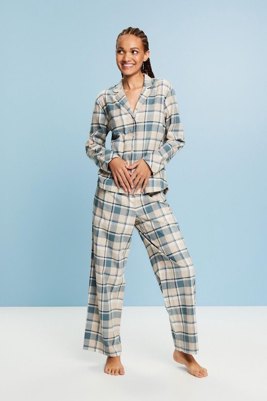 Esprit flannelen Pyjama doorknoop met kraag - 103ER1Y301 - Teal Blue - XL