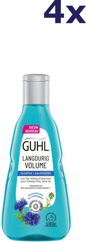 Guhl shampoo fles voor langdurig volume, met illustratie van korenbloemen, en '4x' vermelding bovenaan.